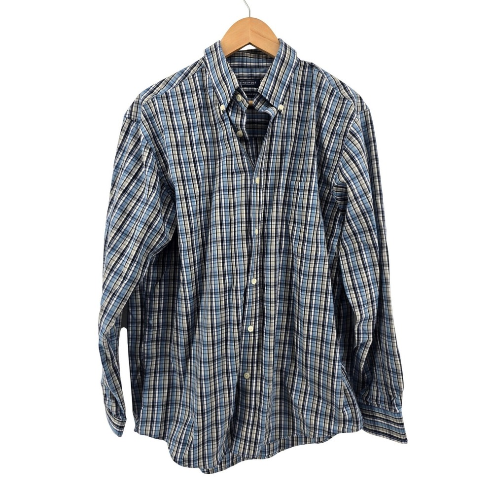 Consensus Shirt Mens L Performance Plaid Blue Button Down Long Sleeve EUC